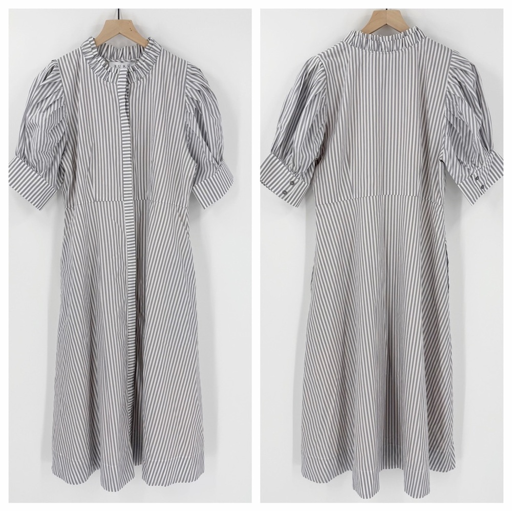 BURU Puff Sleeve Day Gown Striped Poplin Midi Dress Womens Large Elegant Preppy